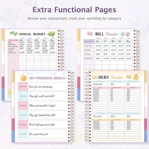 Ospelelf Budget Planner Undated, Money Expense Tracker with Pocket & Stickers, Thick Cardboard Cover, Large Pages for Spacious Writing, Original Fun Colorful Design, 12 Month Financial Notebook, Purple Floral thumbnail 7