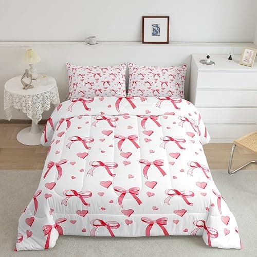 meiyoeat Cute Red Bow Comforter Set Twin Size Kids Bowknot Heart Bedding Set Gift for Girls Women Duvet Insert Breathable Quilt Bedroom Decor,1 Comforter with 1 Pillowcase - Image 1