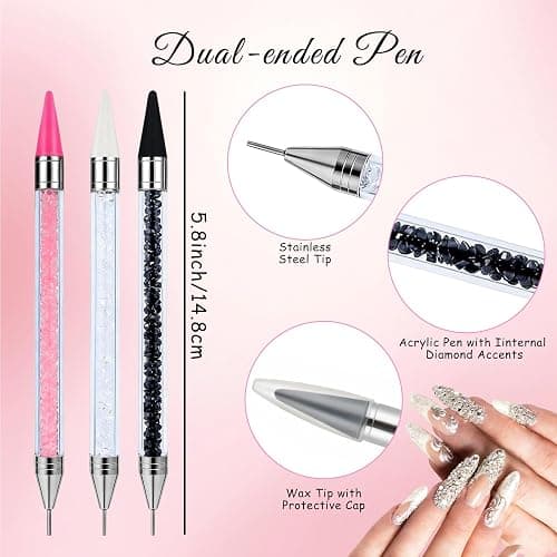 14PCS Rhinestone Picker Tool Kit for Nail Art, Diamond Painting and Bedazzling, 3 Dual-Ended Pens with Wax and Metal Tips, 6 Replaceable Heads, Includes 2 Tweezers, Clay, Tray and Storage Case thumbnail 2