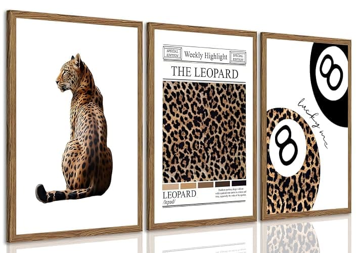 JBZDD Framed Trendy Leopard Wall Art Set of 3 Funky Lucky 8 Ball Preppy Room Decor Prints Cheetah Print Aesthetic Canvas Pictures for Girls Bedroom Apartment or Dorm 12x16 Inch Wood Ready to Hang thumbnail 2