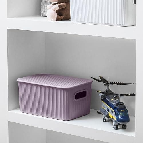 Decorative Plastic Basket Lidded Home Storage Bins Organizer, Medium Lilac Purple (1 Pack - 5 Liter) Stackable Container Box, for Organizing Closet Storage Bins for Shelves - Ribbed Collection thumbnail 8