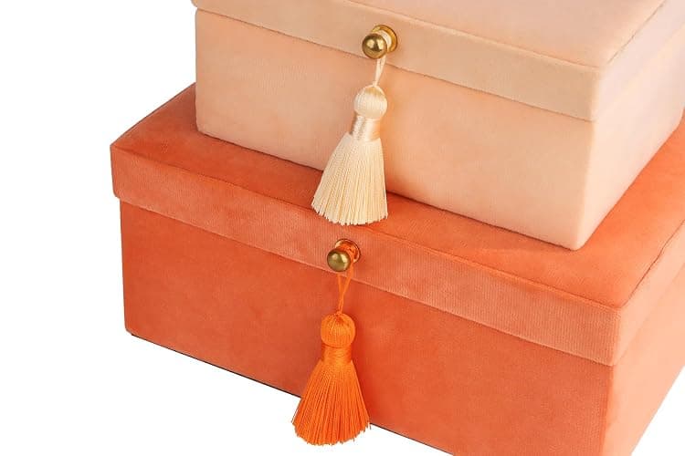 HofferRuffer Velvet Jewelry Boxes Decorative Boxes, Storage Accessory Organizer Boxes with Elegant Handle Decor, Classic Velvet Set of 2 Pieces (Orange) thumbnail 6