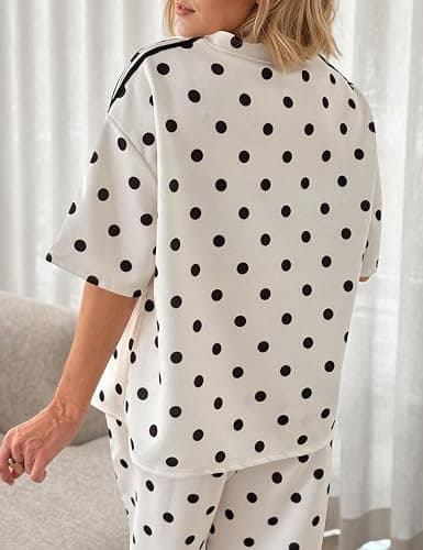 calbatic Women Polka Dot 2 Piece Lounge Set Short Sleeve T Shirt Side Striped Barrel Pants Travel Airport Outfits thumbnail 4