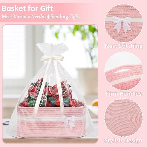 OIAHOMY Large Woven Storage Basket with Handles for Nursery Living Room Shelves, Bow Basket for Gifts Empty with Gift Bags and Ribbons for Baby Showers Pet Toy Bin - Pink thumbnail 5