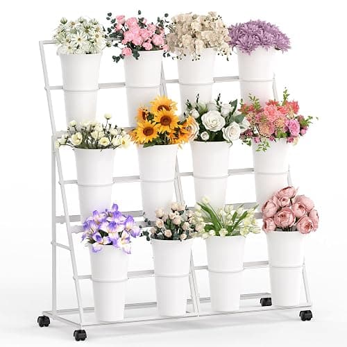 Invech Flower Display Stand with 12 Buckets and Wheels, 3 Tier Flower Cart Display Stand for Indoor Outdoor Garden, Wedding, Flower Shop (White) - Image 1