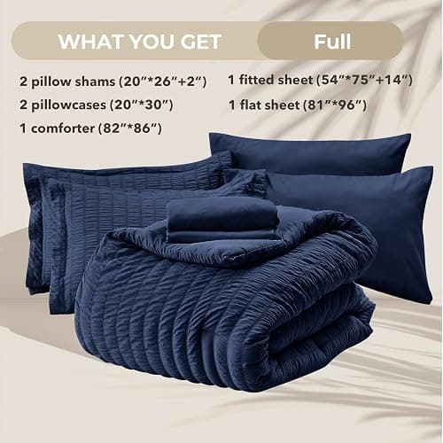HYMOKEGE Navy Blue Full Size Comforter Sets Seersucker 7 Pieces, All Season Luxury Bed in a Bag for Bedroom, Bedding Set with Comforters, Sheets, Pillowcases & Shams thumbnail 6