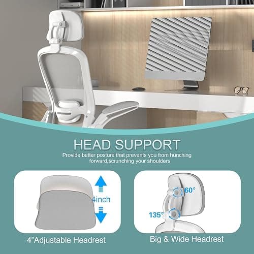 Mimoglad Office Chair, High Back Ergonomic Desk Chair with Adjustable Lumbar Support and Headrest, with flip-up Armrests for Guitar Playing, 5 Years Warranty (Moon Grey) thumbnail 3