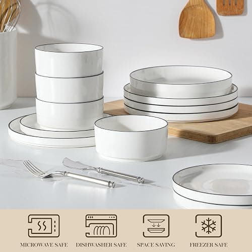 MALACASA Geschirrset 24-tlg für 6 Personen, Modernes Tafelservice aus Weiß Porzellan mit Stehrand & Schwarzer Akzentkante, Geschirr Set inkl. 6x Essteller, Dessertteller, Suppenteller, Suppenschüssel thumbnail 4