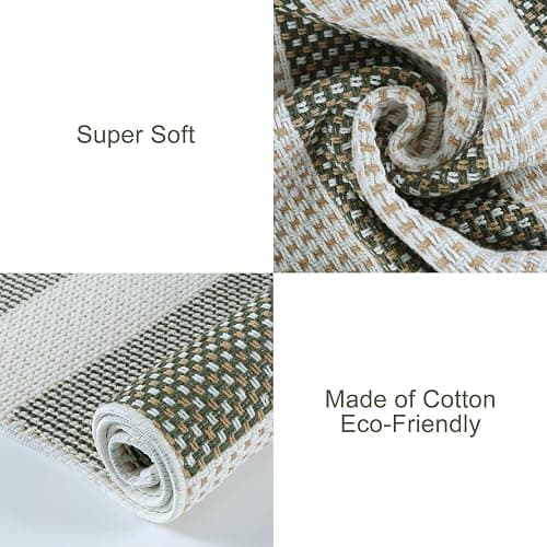 OJIA Green and White Striped Rug 24"x51" Washable Front Door Mat Hand Woven Entry Rug Cotton Indoor Outdoor Rug Small Checkered Rugs for Front Porch Kitchen Entryway Patio Bathroom - 2'x4.3' - Green/Beige thumbnail 5