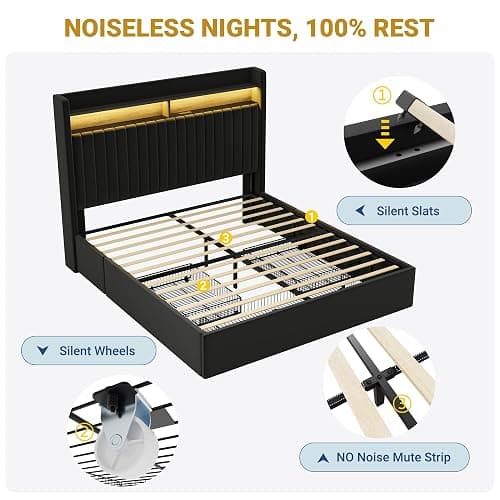 SHA CERLIN Queen Upholstered Platform Bed Frame with 3 Spacious Storage Drawers, Built-in LED Lights & Charging Station, Vertical Tufted Headboard with Shelf, No Box Spring Needed, Velvet Black thumbnail 7
