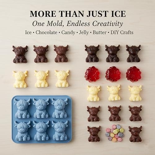 Mini Highland Cow Ice Cube Mold, 3D Cute Cattle Silicone Ice Cube Trays for Whiskey Cocktails Beer Coffee & Drinks Party, Reusable Animal Dessert Mold, Easter Gifts for Friends & Cow Lovers (6-Cavity) thumbnail 6