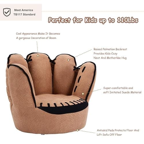 Costzon Kids Couch with Solid Wood Frame & Baseball Glove Design, Children Armchair for Play Room, Nursery, Kindergarten, Kids Room, Gift for Boys & Girls (Brown) thumbnail 6