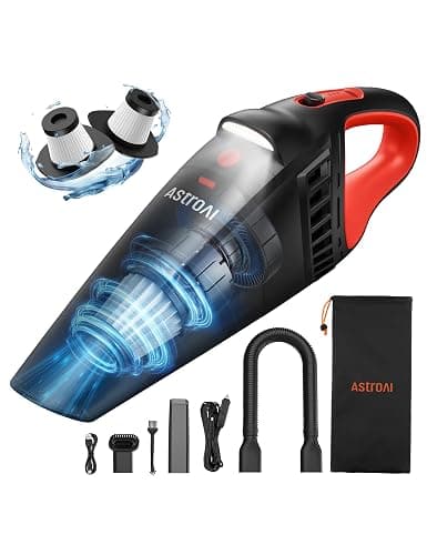 AstroAI Handheld Car Vacuum Cordless with Accessories, Portable Vacuum Cleaner with 12V DC Power, LED Light, Brush, Extended Suction Pipe, Hose, Mini Handheld for Car, Home, Office, and Pet Hair, Red - Image 1