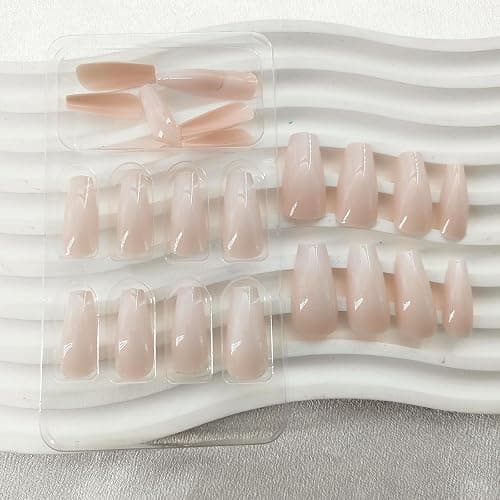 Coffin Press on Nails Medium Fake Nails with Daily Wear Simple Designs Pink & White Gradient Full Cover Glue on Nails Glossy False Nails Press ons for Women 24 Pcs thumbnail 4
