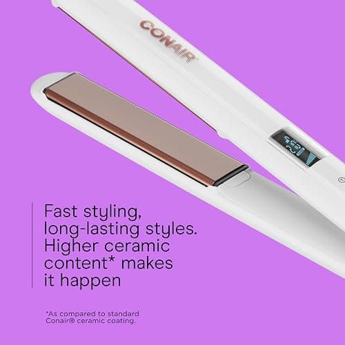 Conair Double Ceramic Flat Iron, 1-Inch Flat Iron, 5 Digital Temp Settings Up to 410°F, Extra-Long Plates, For All Hair Types and Textures, White thumbnail 3