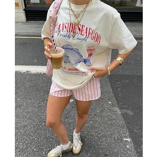 Women Cute Graphic Oversized Tees Fish Lobster Printed Y2K Baggy T Shirts Teen Girls Preppy Vintage Aesthetic Summer Tops thumbnail 3
