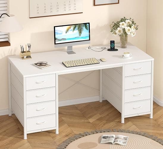 50 Inch Computer Desk with 8 Drawers for Home Office, Bedroom, Living Room | Home Office Desk with Power Outlets, Work Study Gaming Desk with 8 Fabric Drawers, Vanity Desk for Bedroom - Image 1