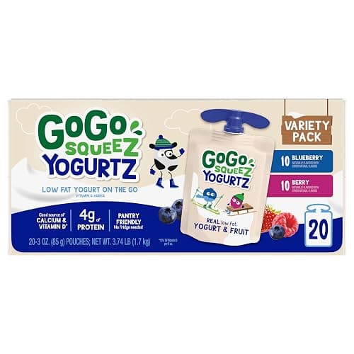 GoGo squeeZ Low Fat YogurtZ Variety Pack, 3 oz Pouches, 20 Count | Kids snack, blueberry & berry flavor, real yogurt & fruit; no fridge needed, gluten and nut free, recloseable cap, BPA-free thumbnail 4