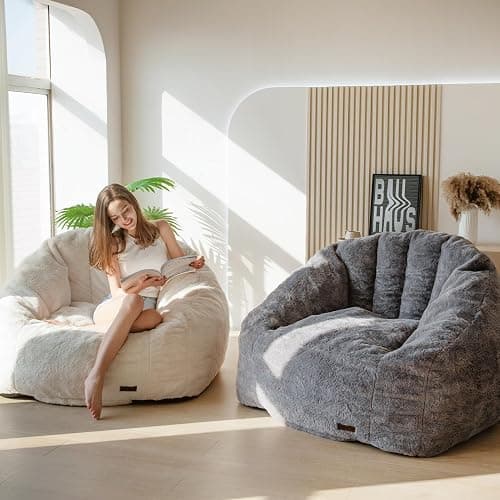 MAXYOYO Giant Bean Bag Chair, Oversized Bean Bag Couch for Adults and Kids, Faux Fur Shell-Shaped Large Chair with Filler, Stuffed Big Accent Sofa Lounge Floor Sofa for Gaming, Reading, Dark Grey thumbnail 5