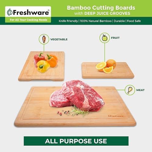 Freshware Wood Cutting Boards for Kitchen - Bamboo Cutting Board Set of 3, Cutting Boards with Juice Grooves, Serving Board Set, Chopping Board for Meat, Veggie, Easy Grip Handle (9x6, 12x8, 15x10) thumbnail 6