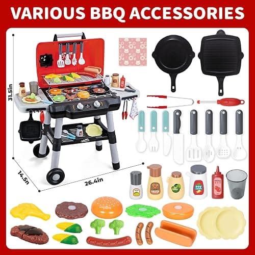Kids Play Kitchen Toys, Kids BBQ Grill Playset with Smoke Sound Light, 2-Layer Barbecue Toy with Wheel, Outdoor Play Grill Toys for Toddlers 3-5, Play Food Toys Cooking Set, Birthday Gift for Boy Girl thumbnail 3