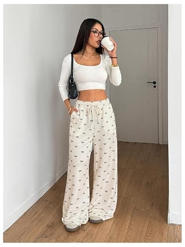 GORGLITTER Women's Bow Wide Leg Stacked Baggy Lounge Sweatpants Joggers Y2k High Waist Straight Leg Track Sweat Pants thumbnail 5