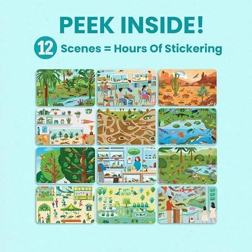 Reptiles 500+ Kids Sticker Book by Cupkin Toddler Airplane Travel Activity Coloring and Sticker Book, 12 Coloring Pages 12 Scenes for Children's of 2-8 Years, Easter Gifts for Kids thumbnail 6