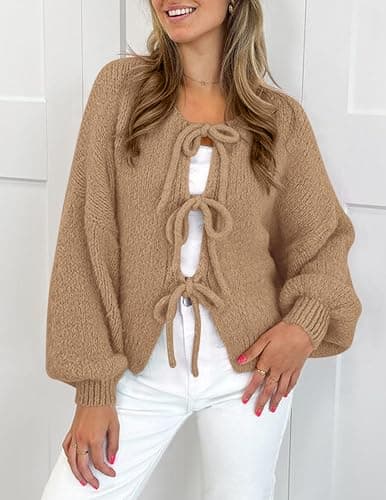 PRETTYGARDEN Women's Tie Front Bow Cardigan Sweaters Chunky Knit Long Puff Sleeve Trendy Fall Winter Jacket Coats thumbnail 3