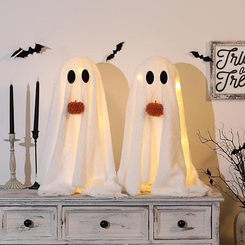 Halloween Decorations-2 Pack Light-Up Sherpa Ghosts with Pumpkin Halloween Decor Indoor Cute Ghost Decorative Signs Tabletop Decor for Party Home Kitchen and Fireplace thumbnail 5