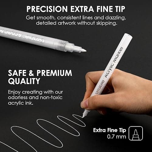 Grabie 6 White Acrylic Paint Markers, 0.7mm Extra Fine Tip Acrylic Paint Pens for Drawing, Coloring Books for Adults thumbnail 3