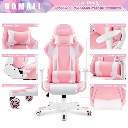 Homall Gaming Chair, Office Chair High Back Computer Chair Leather Desk Chair Racing Executive Ergonomic Adjustable Swivel Task Chair with Headrest and Lumbar Support(Pink) thumbnail 4