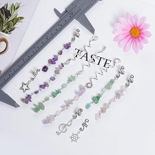 40Pcs Natural Colored Crystal Stone Hair Accessories, hoyuwak Metal Hair Charms, Silver Loc Dreadlock Spirals, Cuffs & Rings for Women's Hairstyles thumbnail 3