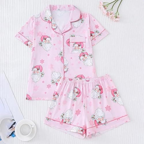 Christmas Pajamas For Women Set,Button Down Short Sleeve Shirts And Shorts Set Soft Casual Cute Xmas Print Pjs Sleepwear thumbnail 2