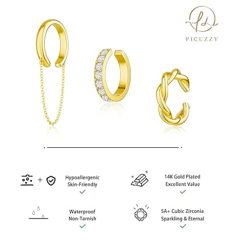 Picuzzy 14K Gold Plated Ear Cuff Earrings for Women Non Piercing, Gold Plated Cuff Earrings for Women, Hypoallergenic Cubic Zirconia Cartilage Hoop Earring Fashion Jewelry Set thumbnail 3