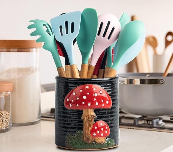 dgudgu Mushroom Kitchen Utensil Holder For Countertop Ceramic Utensil Holder For Kitchen Counter Large Cooking Utensil Utensil Crock Holder Spatula Holder Utensil Organizer For Countertop thumbnail 2