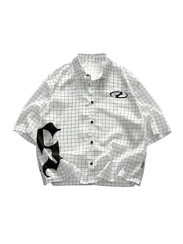 GORGLITTER Men's Cropped Shirt Casual Button Up Plaid Boxy Oversized Collar Short Sleeve Checkered Crop Tops Streetwear - Image 1