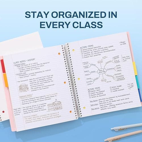 SUNEE 5 Subject Notebook College Ruled - 400 Pages, 9"x11", 5 Pocket Colored Dividers, 3-Hole Punched Paper, White thumbnail 7