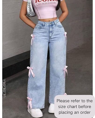 Chmnigma Baggy Jeans for Woman Teen Girls Bow Jeans High Waisted Straight Leg Cute Pants Casual Preppy Clothes thumbnail 4