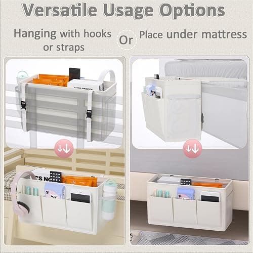 Edudif Dual-purpose Bedside Caddy Bedside Organizer, Bed Caddy with 6 Pockets, Versatile Bedside Storage Solution Magazine Remotes holder, ideal for Home, Dorm, Hospital, Crib Bed (White) thumbnail 4