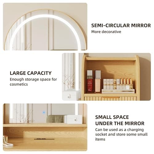 Oxirth Wood Vanity Desk with Mirror and Lights, Fluted Makeup Vanity Table with 7 Drawers and Storage, Oak Vanity, Boho Vanity, Make Up Dressing Table for Bedroom thumbnail 3