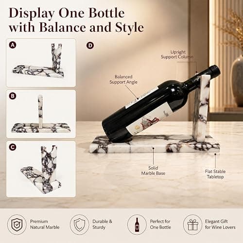 Artisanal Abode Marble Wine Holder, Single Bottle Tabletop Rack | Natural marble tabletop holder for one standard 750ml bottle; 11.8 x 3.9 x 5.9 in, for bar, counter, or dining decor. thumbnail 7