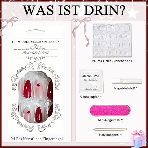 24 Stück Mittel Press on Nails Almond - Rot Finger Nägel - French Nails Press on mit Sternmotiv - Full Cover Künstliche Fingernägel Zum Aufkleben - Falsche Nägel für Frauen & Mädchen (Red Star) thumbnail 6
