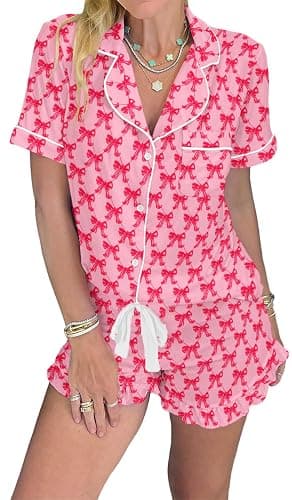 KevaMolly Womens Christmas Lounge Sets Candy Cane Print Pocketed Knotted PJ Set Short Sleeve Xmas Top and Shorts - Image 1