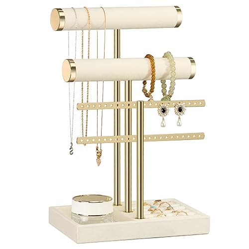 3 Tier Bracelet Holder Display - Detachable T Bar Beige Velvet Bracelet Holder, Jewelry Holder Organizer for Bracelet, Necklace, Earrings, Rings - Image 1