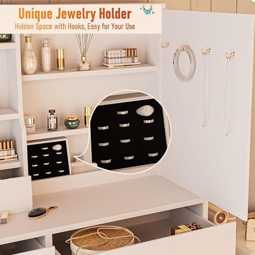 ALEAVIC Vanity Desk with Mirror and LED Lights, Makeup Vanity Set with Power Outlet, and Stool,Jewelry Storage,White Vanity Desk for Bedroom thumbnail 4