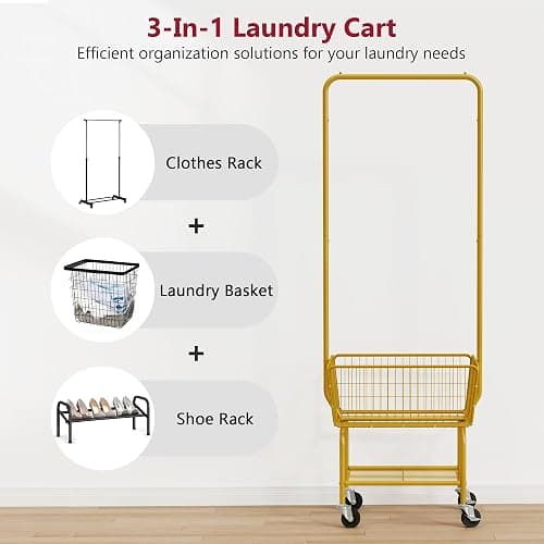 Tajsoon Rolling Laundry Cart with Hanging Rack & Laundry Basket, Gold | Metal Commercia Laundry Cart with Wheels, Laundry Hamper Sorter with Storage Basket & Shelf, Laundry Room, Bathroom, Bedroom thumbnail 5