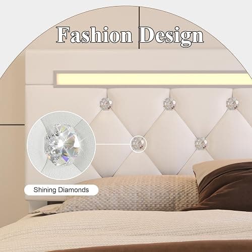 Queen Size Bed Frame with 4 Storage Drawers and LED Light, Upholstered Platform Storage Bed with Adjustable Headboard and Charging Station, Metal Slats Support, No Box Spring Needed, No Noise, White thumbnail 8