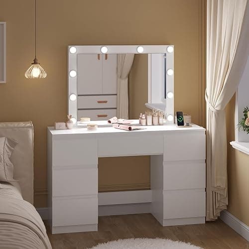 ⭐️WOLTU Dressing Table with Lights and Socket Strip, Vanity Desk with Large LED Mirror and 7 Drawers, Makeup Desk 110x39.5x140cm, White Modern Bedroom Dresser, MB6124ws thumbnail 2
