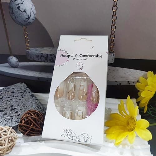 24Pcs White Curve Line Press on Nails Yellow Gradient Medium Square Fake Nails Glossy Gold Glitter Stick on Nail Acrylic Full Cover False Nail Ombre Gel Glue on Fingernails for Holiday Manicure Art thumbnail 7
