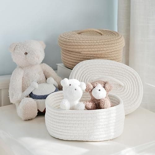 AUNMAS Oval Cotton Rope Storage Basket with Lid, Lidded Woven Storage Container Multifunctional Desktop Storage Box for Makeup Sundries Snack Needles (Milky White) thumbnail 5